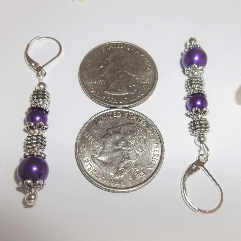 Long Purple and Silver Earrings Pearl Beaded Dangle Drop Jewelry Set Pair 7351